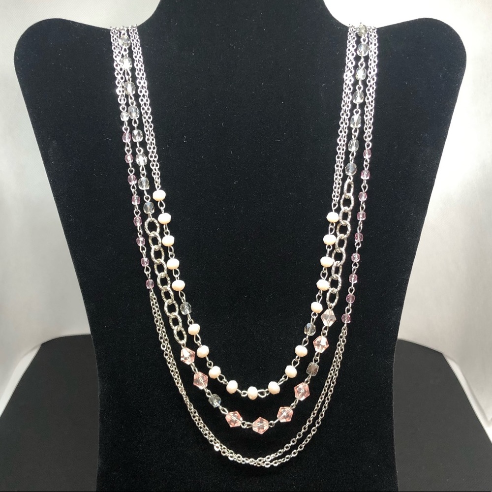 SILVERTONE MULTIPLE CHAIN TIERED BEAD NECKLACE